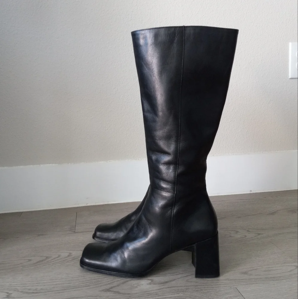90's Nine West Vintage Y2K Square Toe High Black Leather Boots - Picture 2 of 16